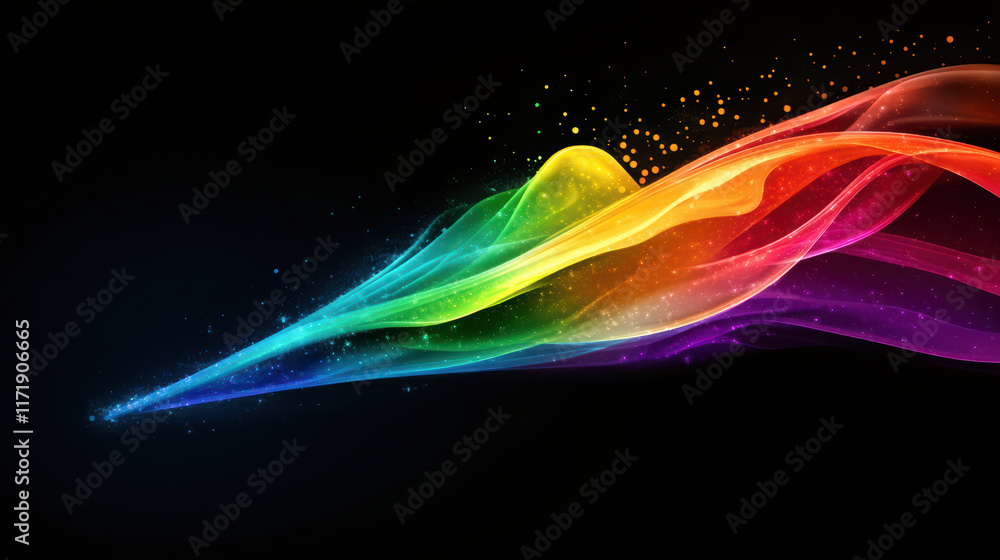 Poster colorful abstract wave design with rainbow gradient and sparkles, creating vibrant and dynamic visua