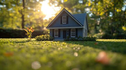 Small model home on lush green grass under bright sunlight, symbolizing sustainable living and eco-friendly architecture concepts