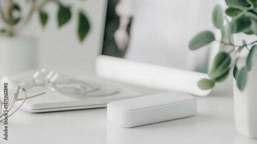 Aufkleber minimalist contact lens case on desk surrounded by greenery, showcasing clean and organized workspac