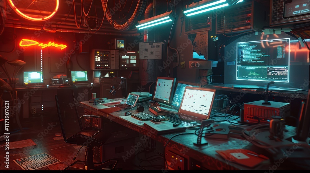 Poster cyberpunk hacker workspace with neon lights