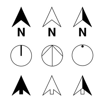 Set of vector north symbols. Black and white line symbols.