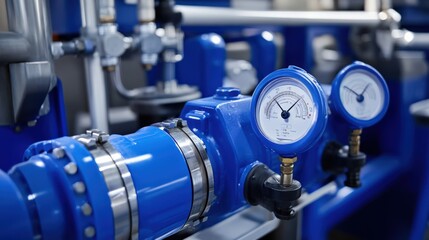 A blue pipe with two blue gauges on it