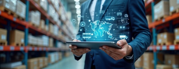 Businessman uses tablet showing global logistics network interface. Modern tech in warehouse background. Smart logistics concept. Global distribution system. Innovative transport system. Future of