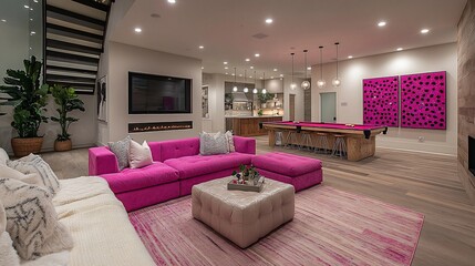 Modern basement game room with pink sofa, pool table, and fireplace.