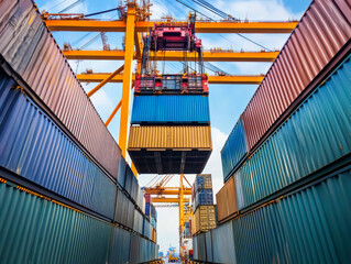 Industrial crane transfers cargo containers onto a freight ship in a shipping port, supporting import and export activities efficiently