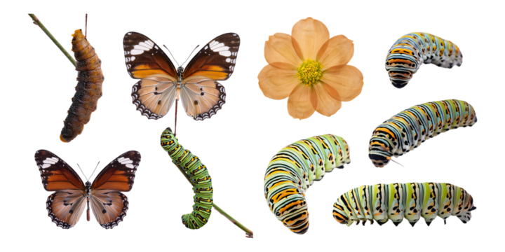 Colorful Butterflies, Caterpillars, and Flower on Transparent Background