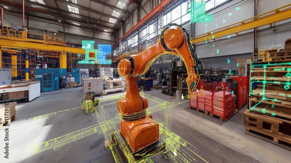 Poster modern robotic arm operating in an automated factory, featuring an augmented reality interface that 