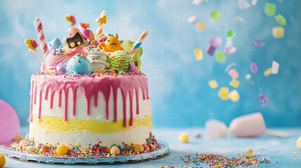 fun ice cream cake decorated with colorful toppings and cartoon characters, perfect for celebrations and parties. vibrant colors and playful design create joyful atmosphere