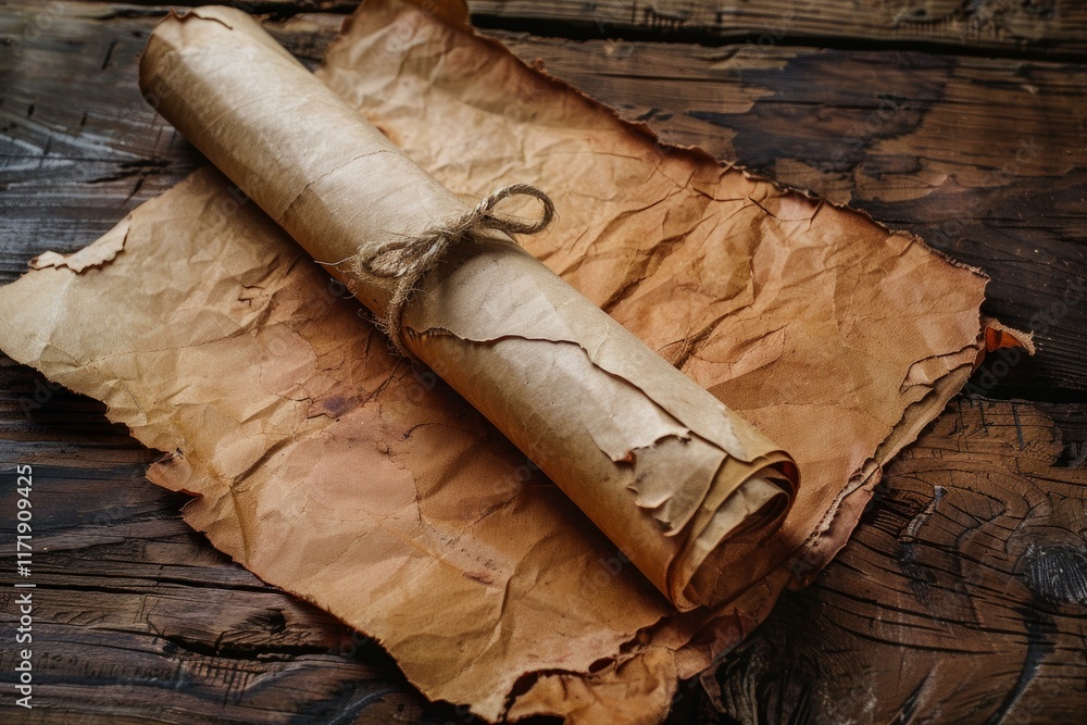 Aufkleber rolled up scroll tied with string lying on crumpled aged paper on rustic wooden table, conveying his