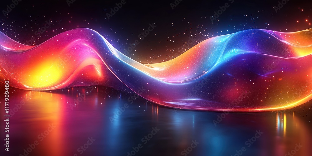 Poster iridescent abstract wave glossy design with rainbow colors and smooth curves on black background