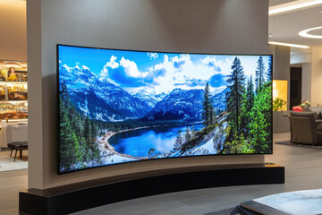 Fototapeta premium Curved 3D TV displaying vibrant mountain landscape in modern living room setting