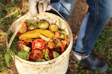 Zero waste, composting, bio waste concept. Farmer hand with vegetable and fruit food scraps in bucket, compost