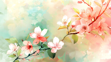 A beautiful cherry blossom branch with pink and white flowers showcases intricate petals against a softly blended pastel background, capturing the essence of spring