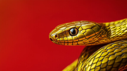 Golden snake isolated on a red background