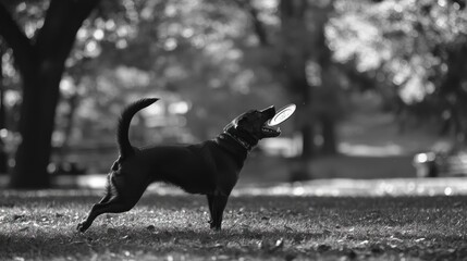 A dog joyfully catches a frisbee in a park, surrounded by trees and grass.