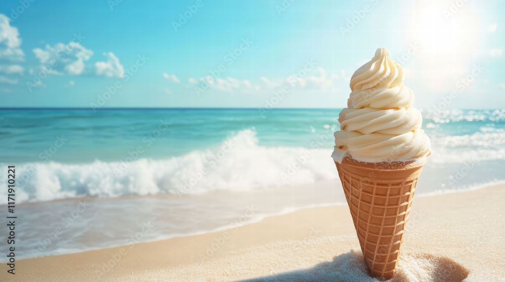 Poster realistic ice cream cone on sunny beach with ocean waves in background creates refreshing summer vib