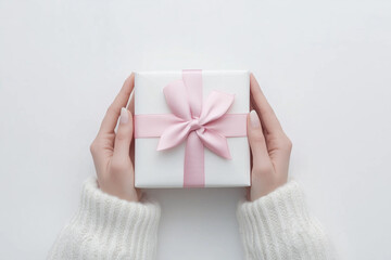 Hands holding a gift wrapped with ribbon isolated