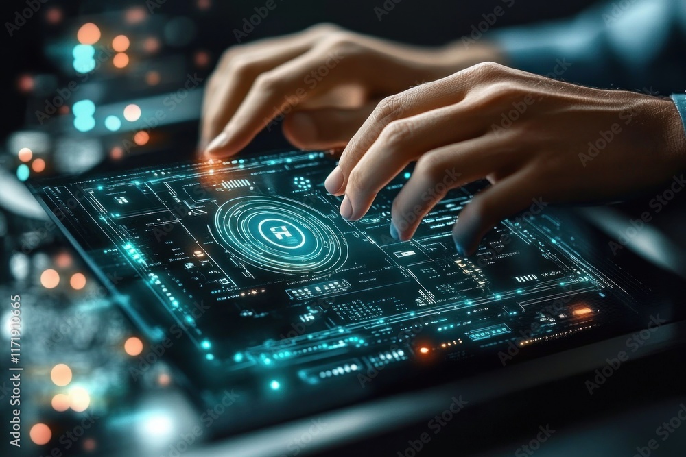 Poster futuristic digital workspace with holographic vpn interface, cyberpunk style, secure connection, tec