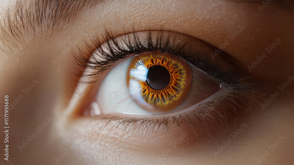 Poster vibrant eye with unique contact lens design showcasing intricate patterns and colors. striking orang