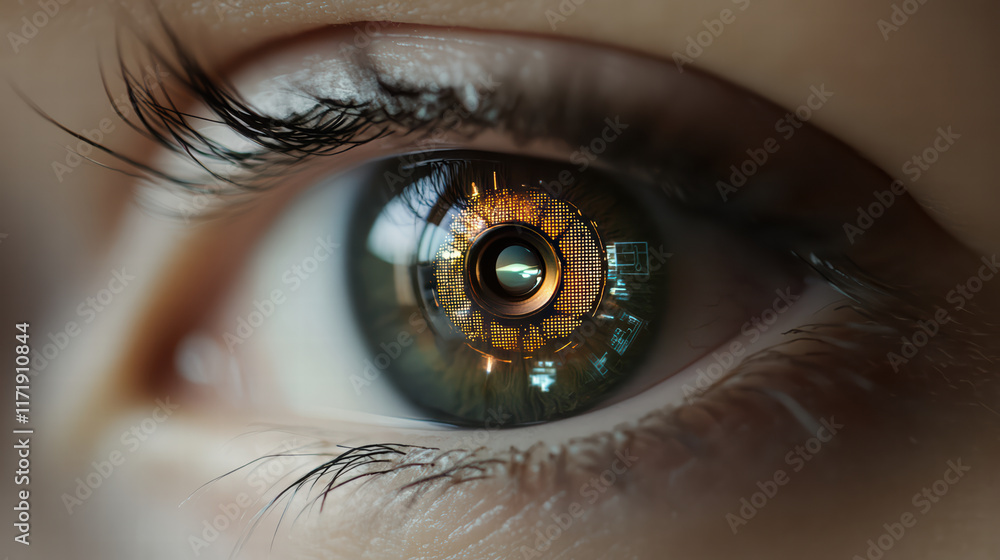 Poster vibrant eye with unique contact lens design featuring futuristic digital display. intricate details 