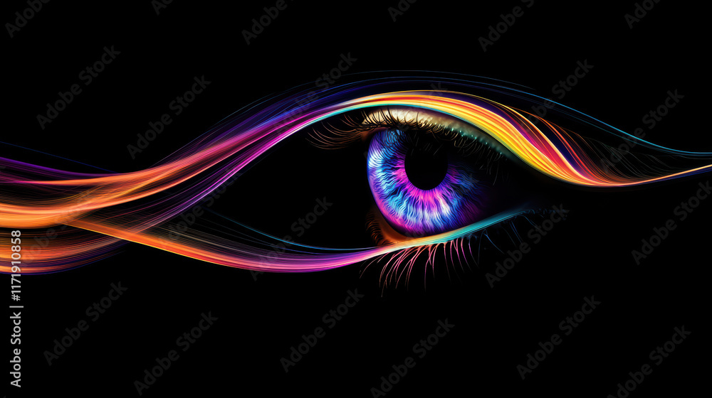 Poster vibrant eye with unique contact lens design, showcasing colorful swirls and patterns against dark ba