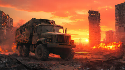 Epic military truck journey through a ravaged urban landscape at sunset: perfect poster for sports and adventurous interiors. Flamelit. Illustration