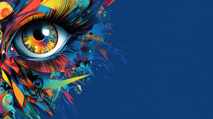 vibrant eye with unique contact lens design, surrounded by colorful splashes and abstract shapes, creating striking visual impact