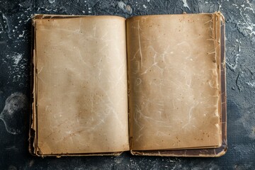 Open vintage book with blank aged pages on a dark textured background, inviting exploration of history and memories