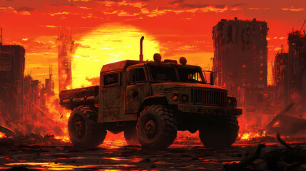 Epic military truck journey through a ravaged urban landscape at sunset: perfect poster for sports and adventurous interiors. Flamelit. Illustration