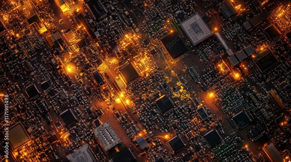 Poster complex electronic circuit board with integrated circuits, transistors, and other components illumin