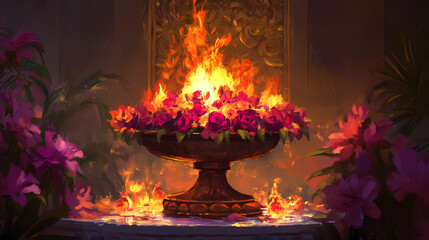 Flame-lit floral offerings on a decorative pedestal, radiating warmth and spirituality. Flamelit. Illustration
