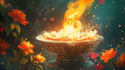 Flame-lit floral offerings on a decorative pedestal, radiating warmth and spirituality. Flamelit. Illustration