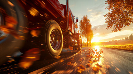 driving truck during fall on the road during sunrise with a low Angle with side-lighting 