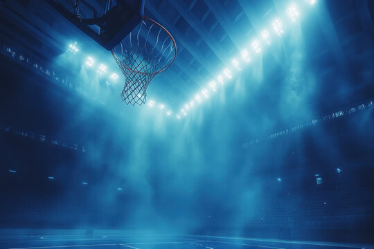 Basketball court with hoop, under bright lights, ready for the game.
