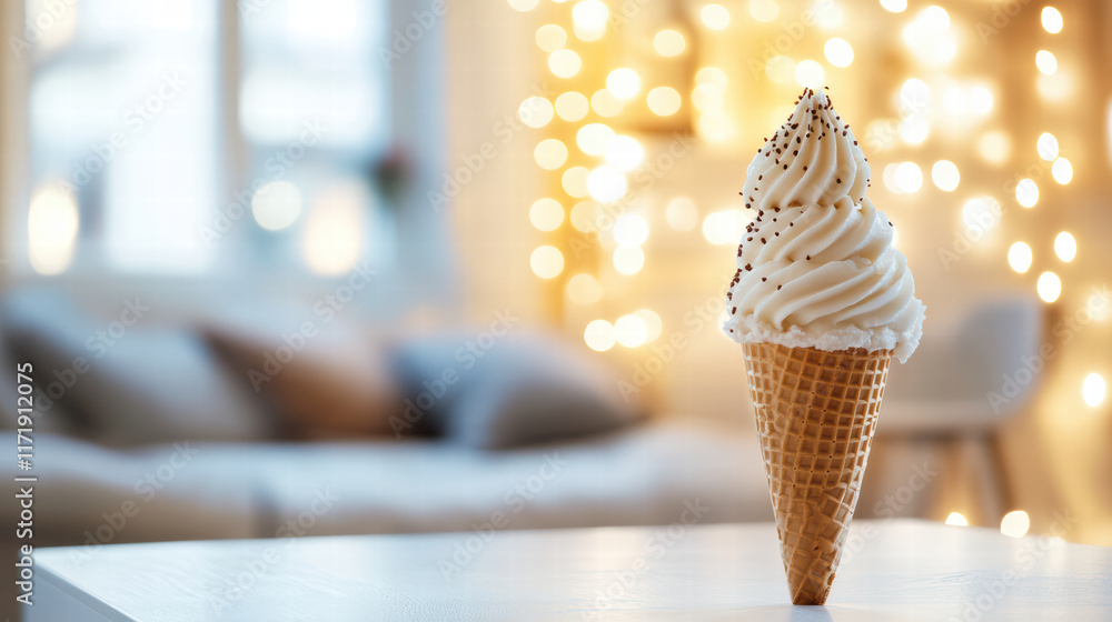 Poster delightful ice cream cone with soft serve in cozy home setting, surrounded by warm lights, creating 