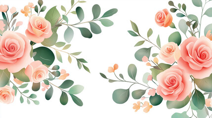 A seamless pattern of pink roses and greenery, a flat vector illustration on a white background, in a hand-drawn watercolor style. Seamless pattern for a wedding invitation card