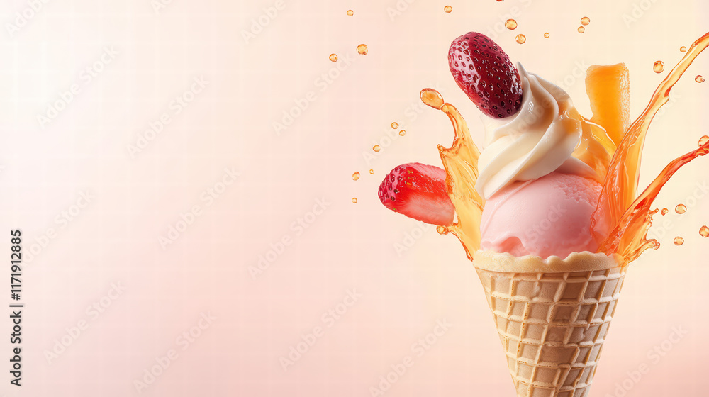 Poster delight in vibrant ice cream cone topped with fresh fruit and splash of juice, creating refreshing a