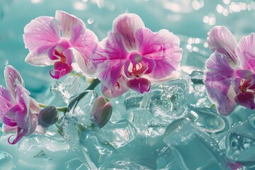 Pink and white orchids rest on melting ice cubes in sparkling turquoise water, creating a refreshing and elegant scene © juliars