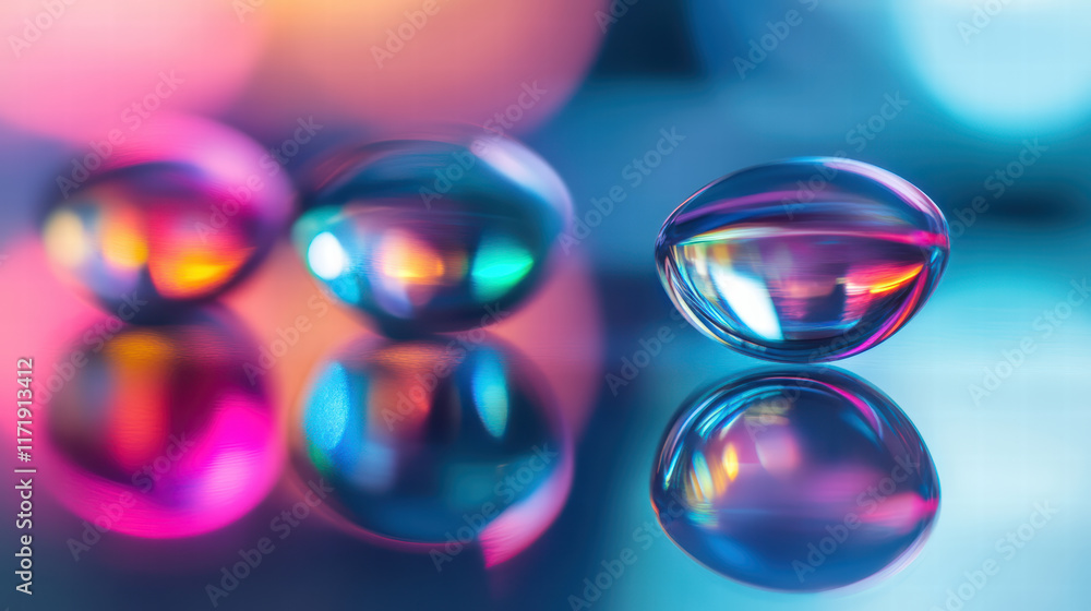 Poster colorful glass orbs reflecting light in vibrant, abstract setting create mesmerizing visual effect. 