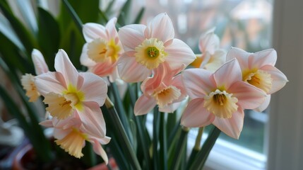 Obraz premium Pink and yellow daffodils are in full bloom on a sunny windowsill. Their vibrant colors enhance the cheerful atmosphere of the indoor space during early spring