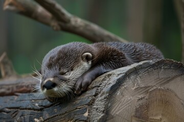 Obraz premium Baby river otter sleeping on a log with closed eyes, enjoying a peaceful rest in its natural habitat
