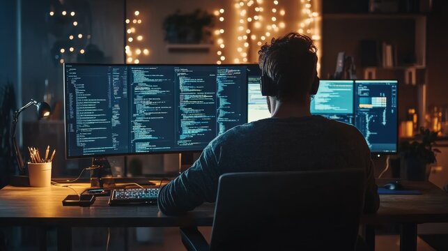 A man is sitting in front of two computer monitors