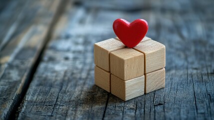 A charming red heart rests gracefully atop a rustic wooden block, symbolizing love and affection, perfect for a romantic Valentine's Day celebration.