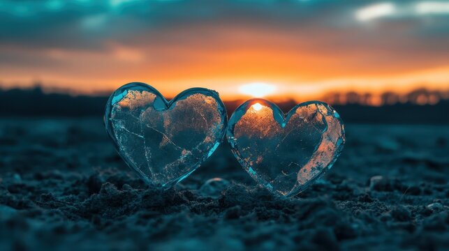 Two shattered glass hearts rest on the ground, symbolizing lost love and heartbreak, capturing the bittersweet essence of Valentine's Day.