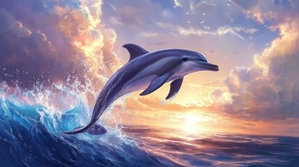 Fototapeta premium A dolphin leaps from ocean waves against a vibrant sunset sky.
