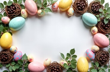 Easter eggs arranged in border frame on white background. Colorful painted eggs, chocolate eggs placed around central copy space. Eggs decorated with flowers, dots, placed in small nests. Fresh green