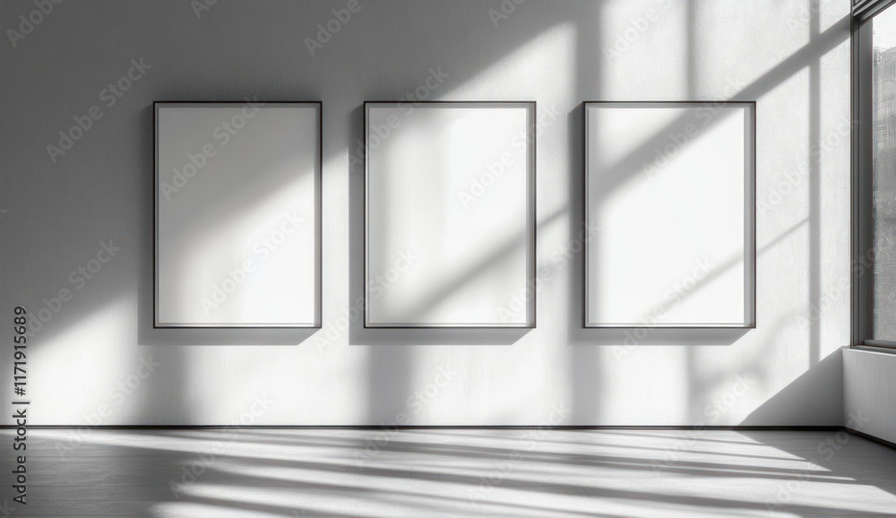 Poster modern gallery interior with three empty frames and natural light on concrete floor