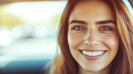 A friendly car saleswoman engages customers with a bright smile at a busy dealership on a pleasant day
