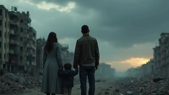 man and Woman  ,child family viewing post-apocalyptic cityscape at sunset. Dystopian future.