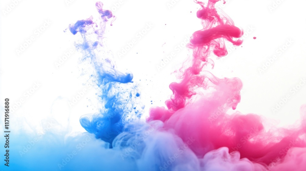 Poster pink and blue ink merge and swirl in clear water, forming captivating clouds that create a serene ye